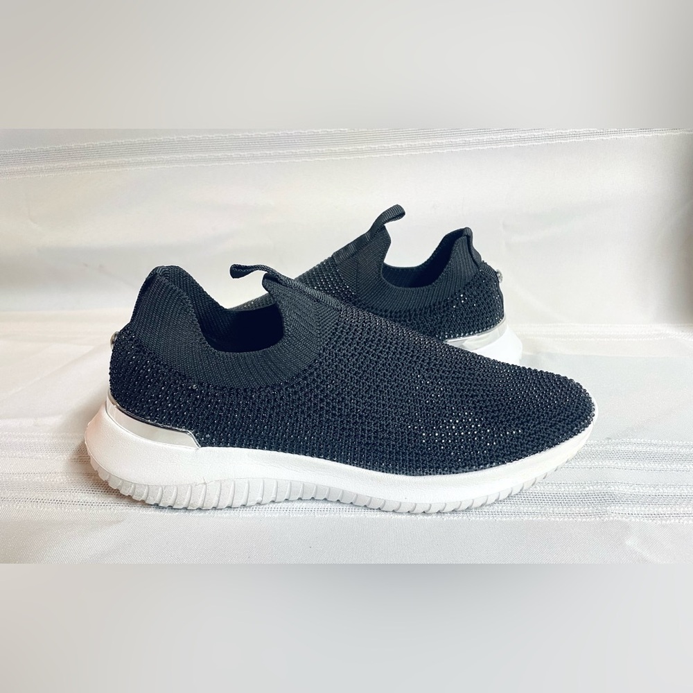 Anne Klein Sneakers Black Jeweled Slip On w Silver Accent Sz 5.5